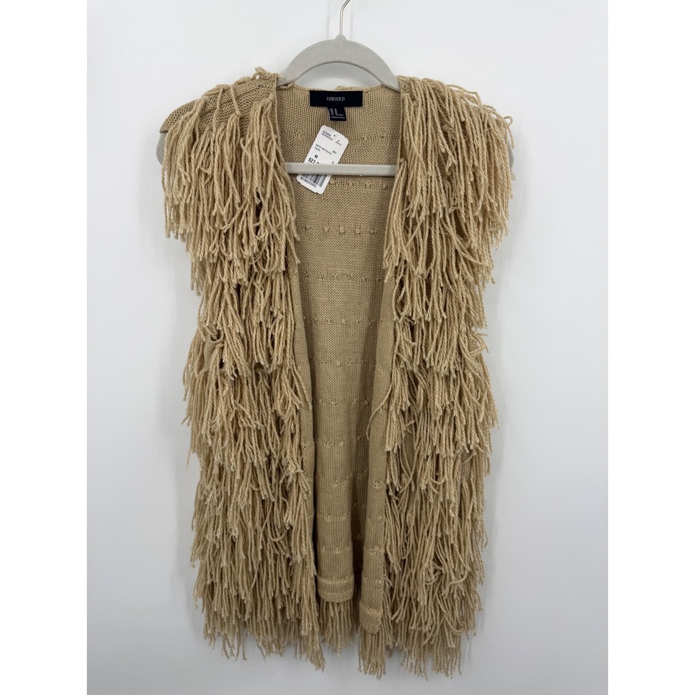 Forever 21 Shaggy Fringe Knit Sweater Vest Womens Medium Taupe Boho Sleeveless